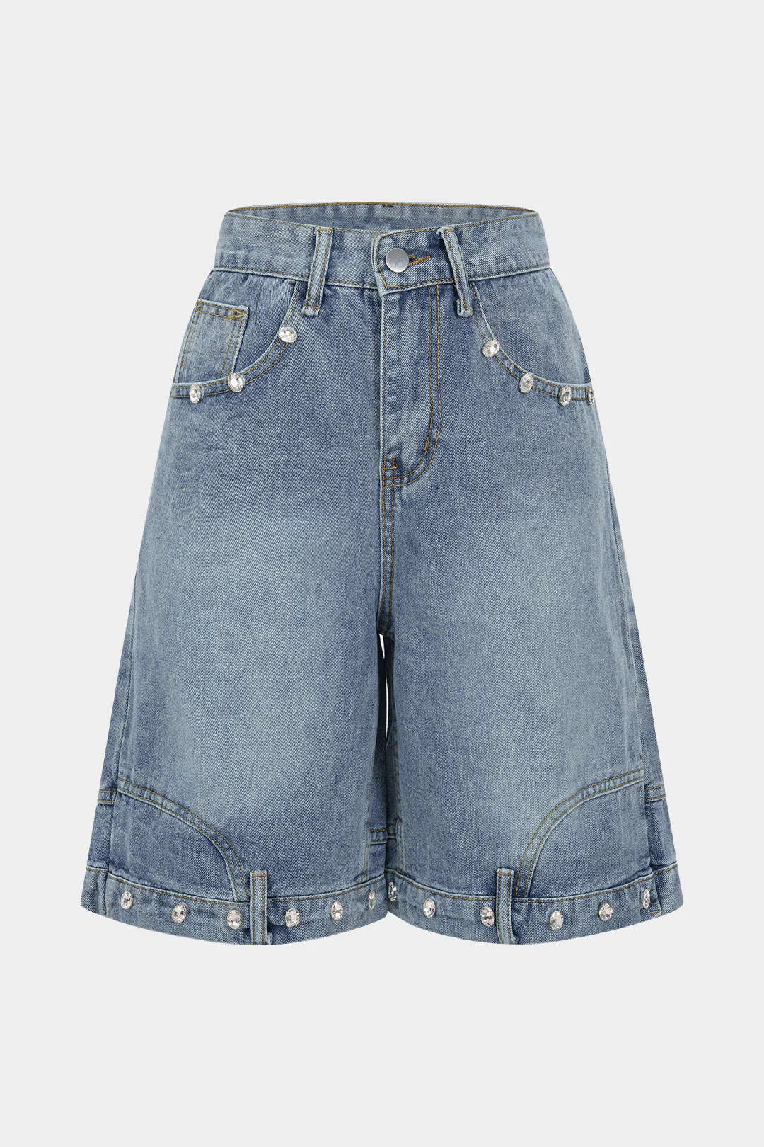 Denim Zipper Rhinestone Trim Pocket Shorts sold by Micas