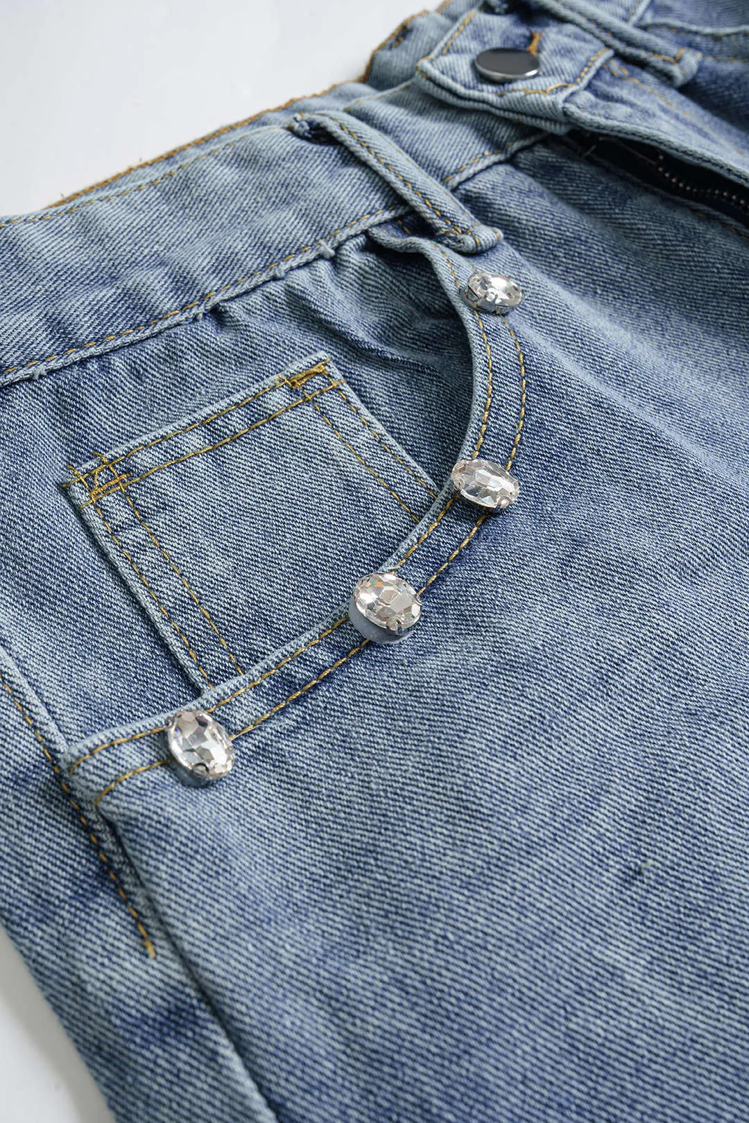 Denim Zipper Rhinestone Trim Pocket Shorts sold by Micas product image thumbnail 3