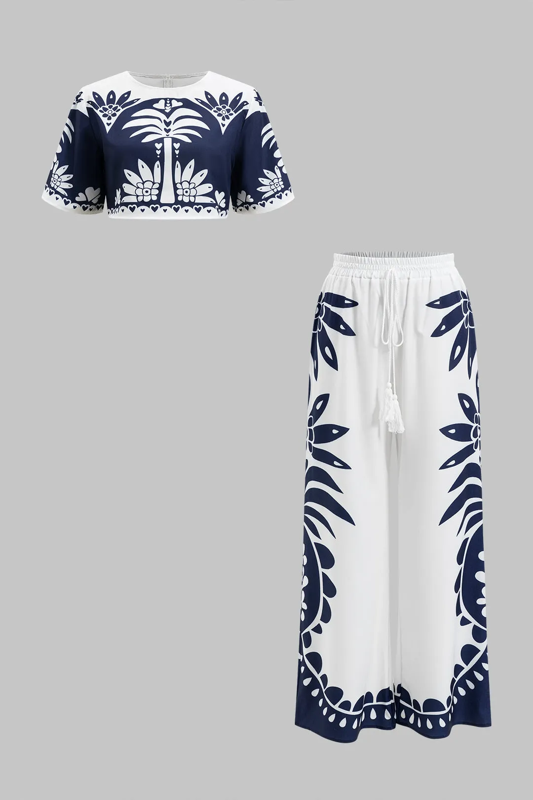Kontrastprint kortærmet tank top og bindede brede benbukser sæt sold by Micas