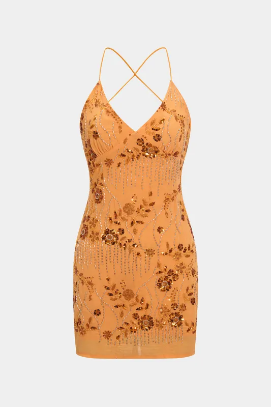 Mesh Sequin Embroidery Backless Slip Sleeveless Mini Dress made by Micas