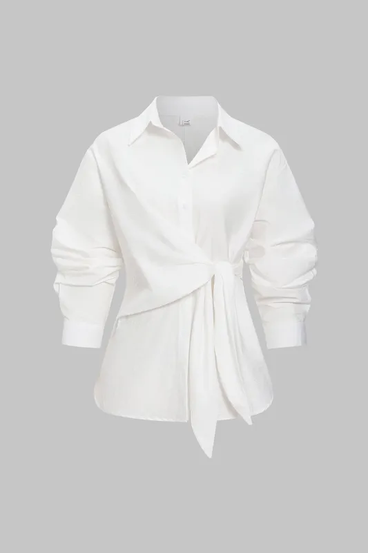 Asymmetrical Tie-Front Button Long-Sleeve Shirt sold by Micas