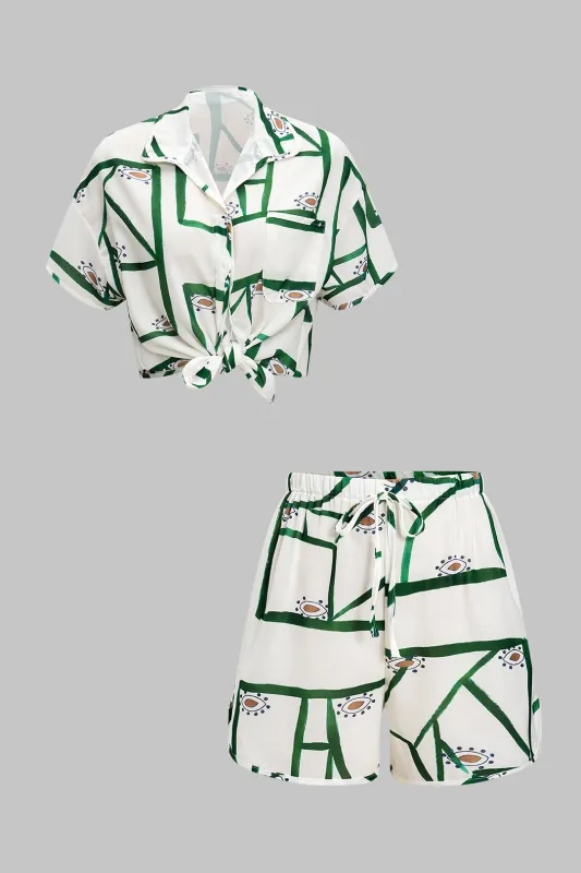 Stripe Contrast Print Pocket Shirt And Drawstring Shorts Set sold by Micas