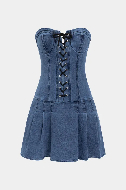 Denim Tie-Front Bustier Zipper Sleeveless Dress made by Micas