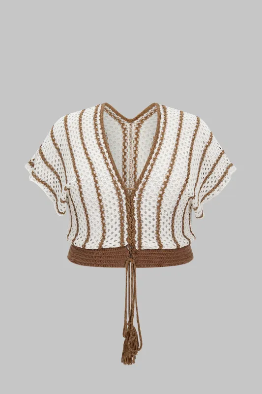 Plus Size Knit Stripes Print Tie-Up Fringe Short-Sleeve Top sold by Micas