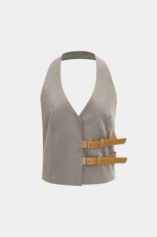 Faux Leather Decor Belted Backless Cami Top sold by Micas