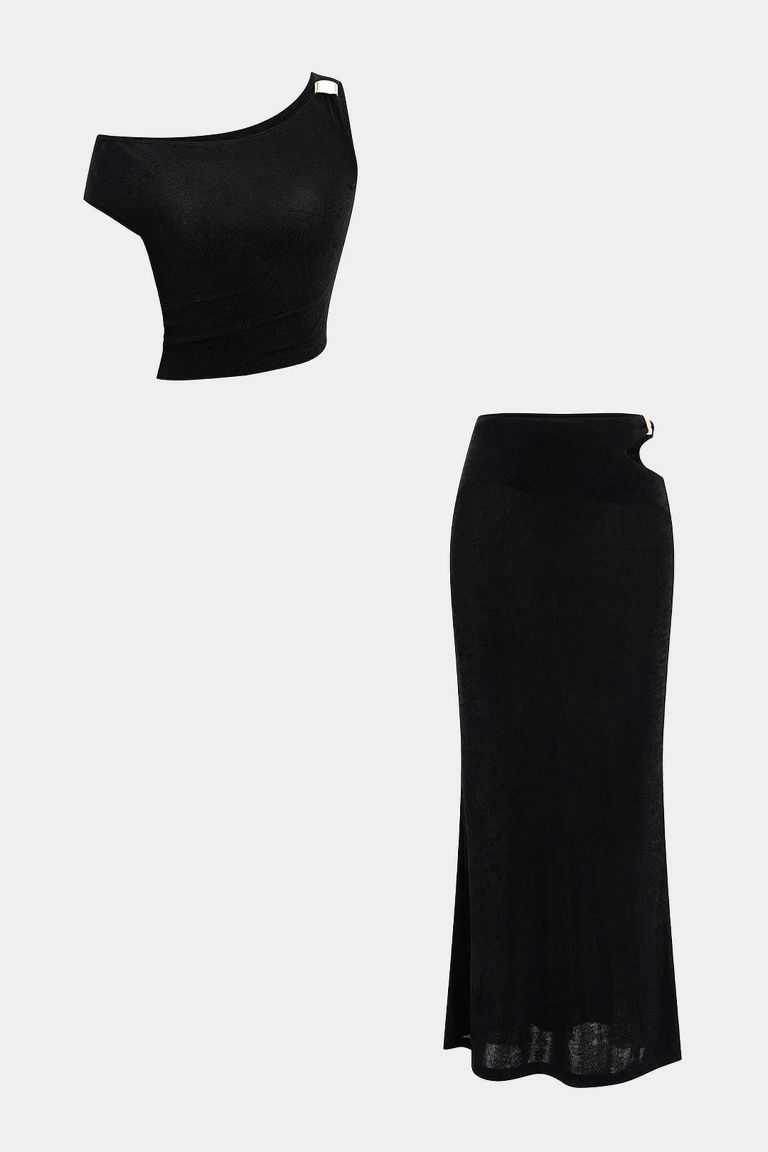 Asymmetrical Metallic Decor Top And Cut Out Skirt Set sold by Micas