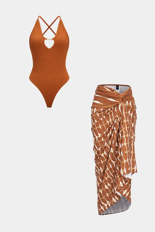 Metallic Decor Backless Bodysuit And Tie Dye Print Twist Front Skirt Set sold by Micas