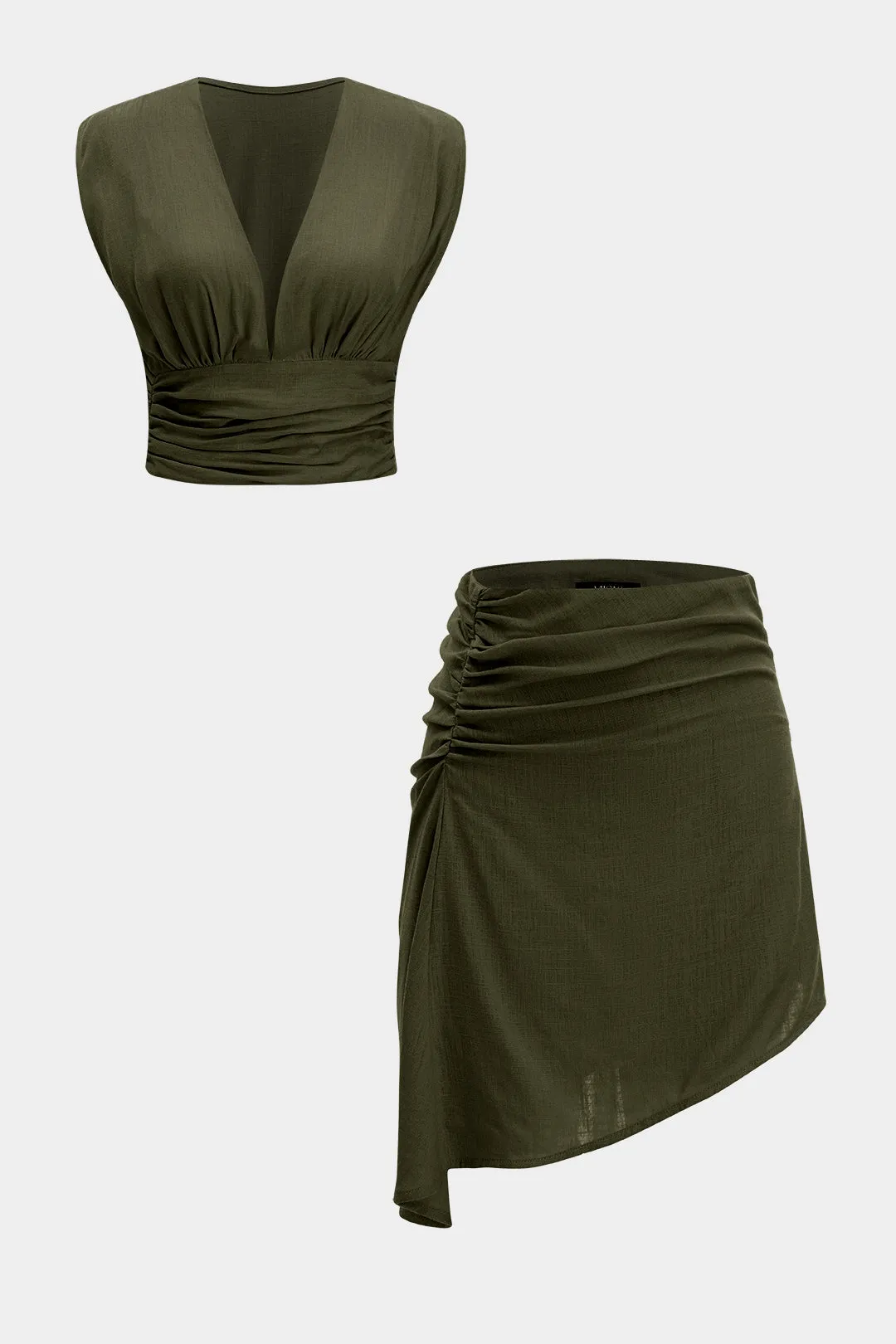 Linen V-Neck Ruched Tank Top And Asymmetrical Skirt Set sold by Micas
