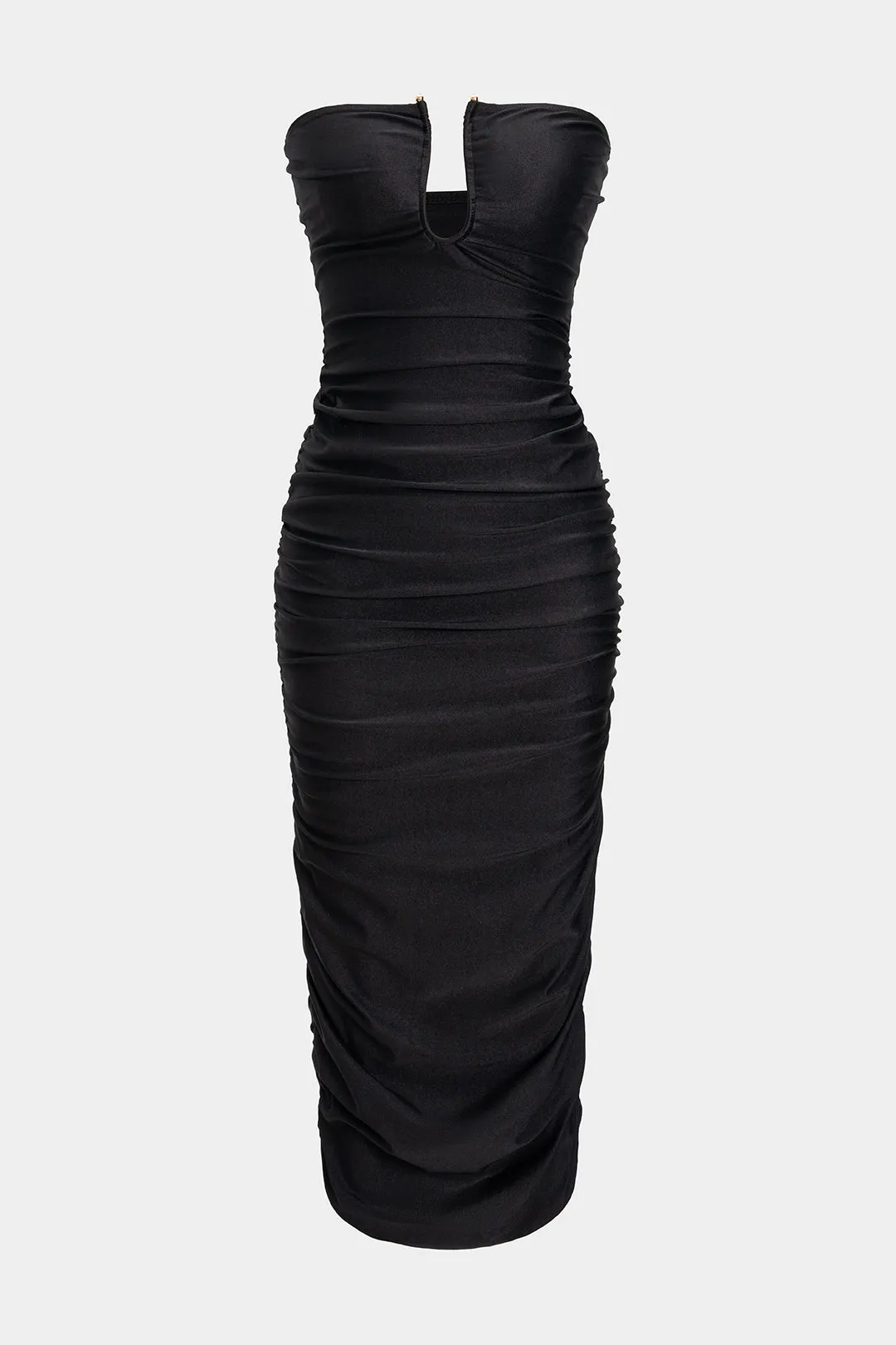 Solid V-Neck Ruched Sleeveless Midi Dress sold by Micas