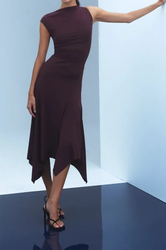 Chiffon Asymmetrical Ruched Sleeveless Midi Dress sold by Micas
