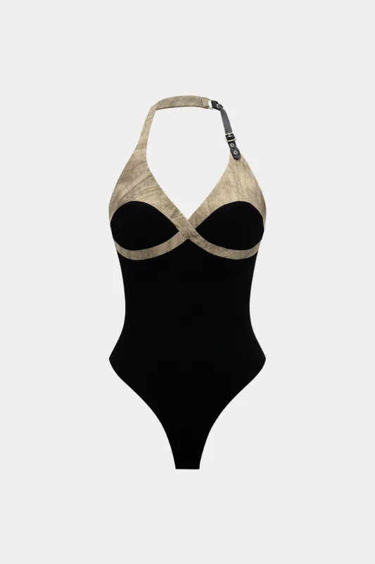 Halter Patchwork Contrast Binding Sleeveless Bodysuit sold by Micas