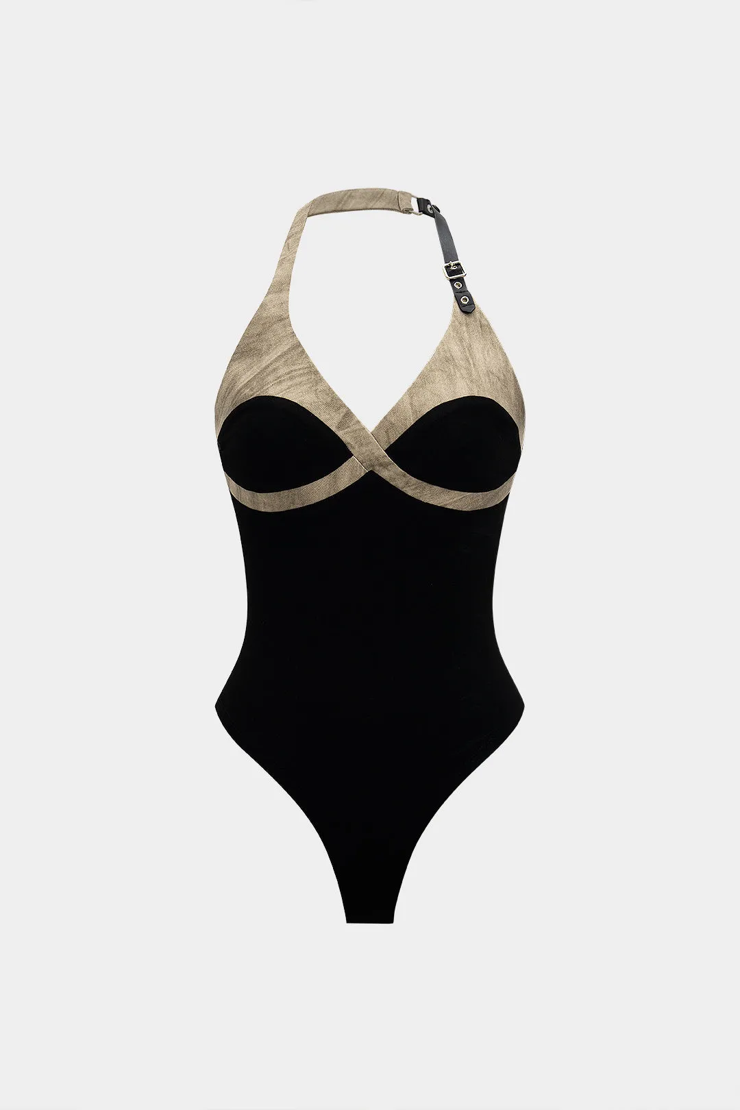 Halter Patchwork Contrast Binding Sleeveless Bodysuit sold by Micas