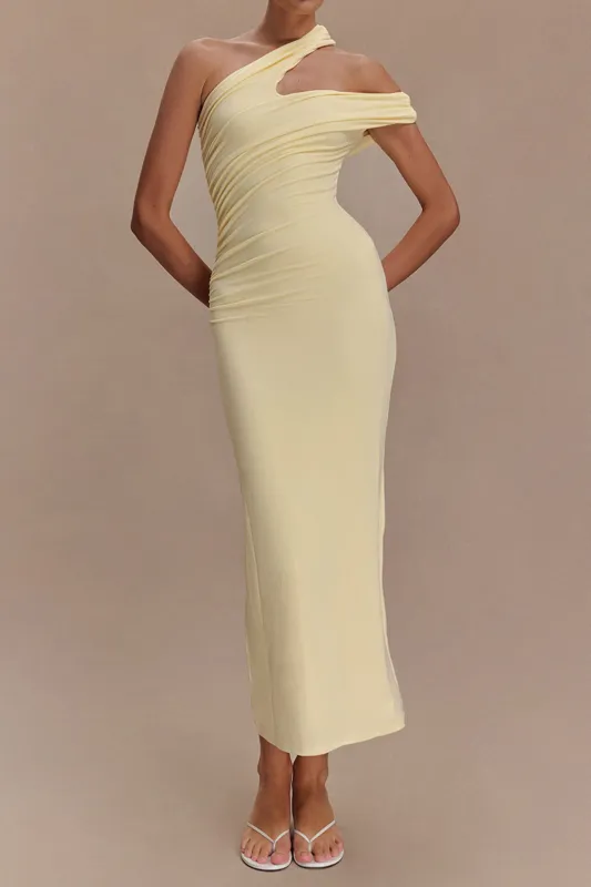 Ruched Cut Out Asymmetrical Sleeveless Midi Dress sold by Micas