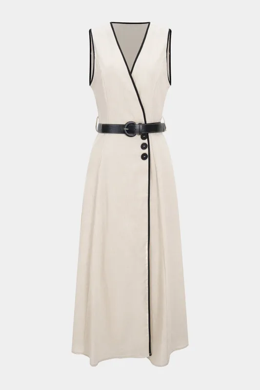 Linen Blend V-Neck Belted Sleeveless Maxi Dress sold by Micas