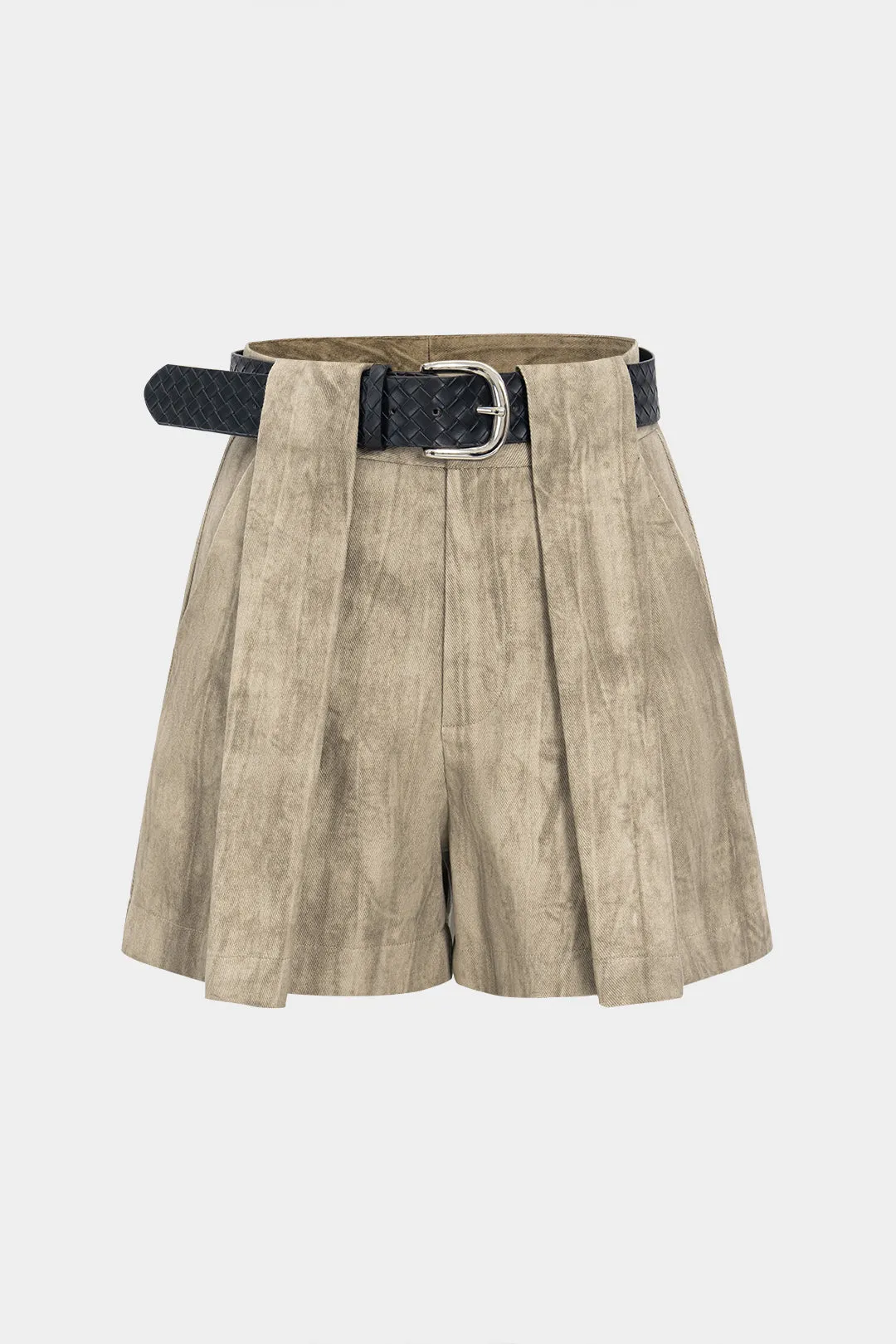 Pleated Washed Pocket Zipper Belted Shorts sold by Micas