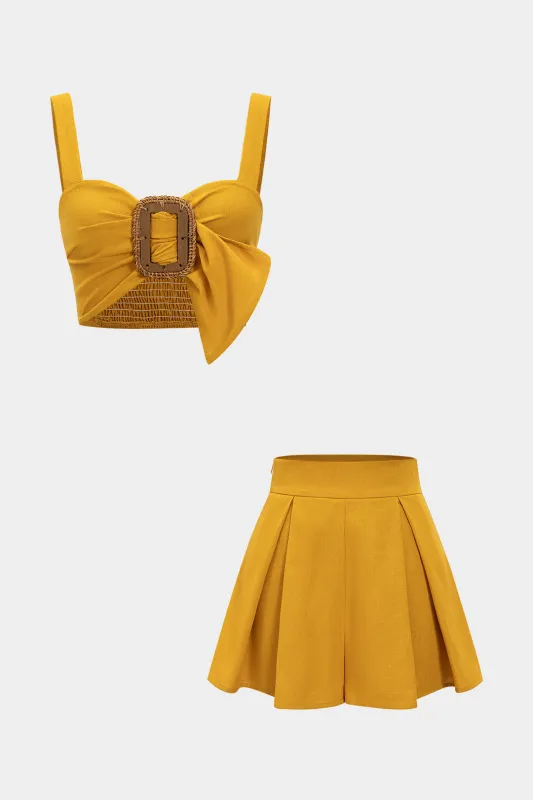 Linen Ruched Smocked Cami Top And Solid Shorts Set sold by Micas