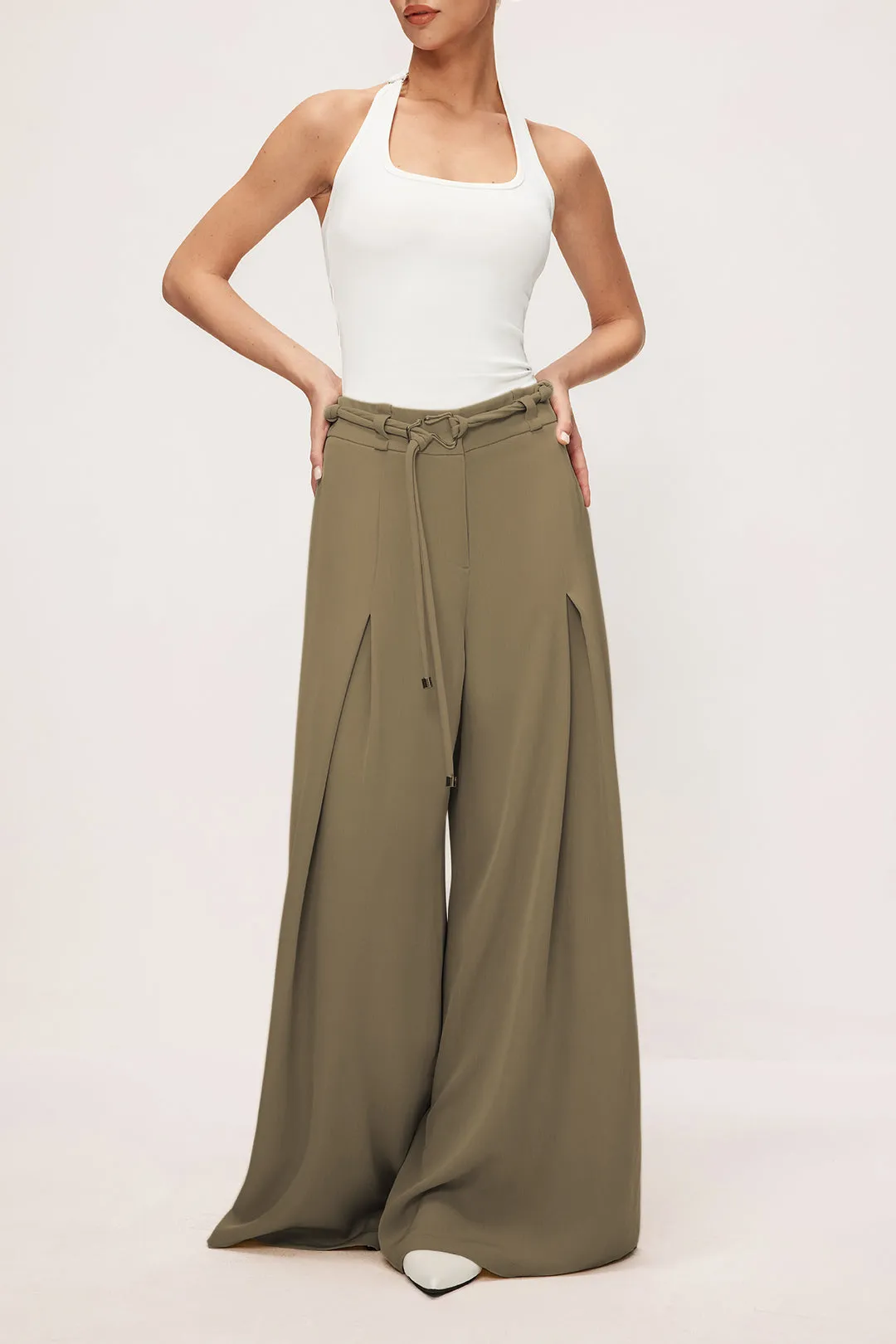 Solid Ruched Belted Trousers sold by Micas