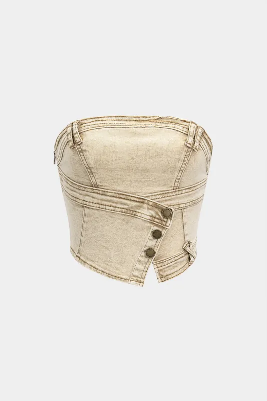 Denim Asymmetrical Buttoned Tube Top sold by Micas