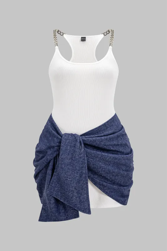 Plus Size Metallic Chain Patchwork Tie Knot Sleeveless Tank Mini Dress sold by Micas