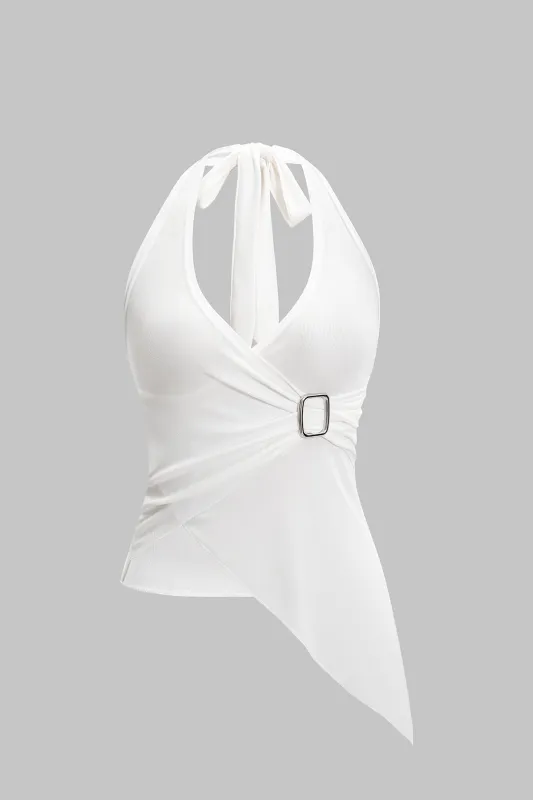 Metallisk indretning halter hals rygfri asymmetrisk cami top sold by Micas