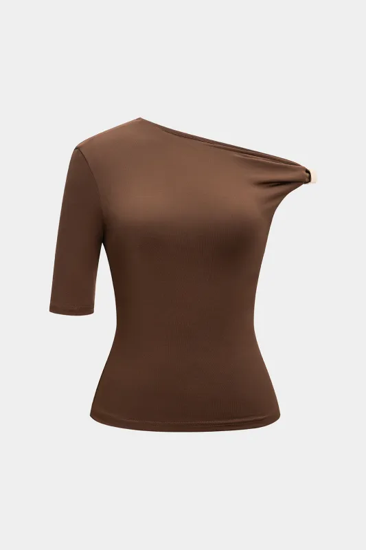 Metallic One Shoulder Short Sleeve T-Shirt sold by Micas