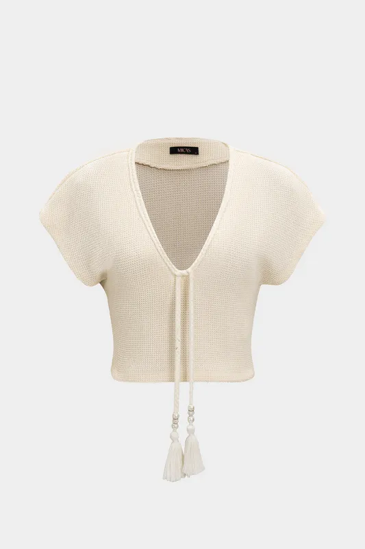 Tie Front Fringe Trim Short Sleeve T-Shirt sold by Micas