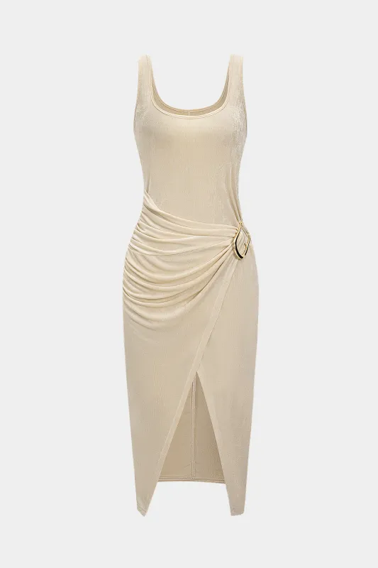 Metallic Ruched Asymmetrical Sleeveless Midi Dress sold by Micas