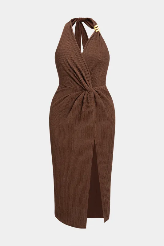 Plus Size Knot Halter Neck Sleeveless Midi Dress sold by Micas