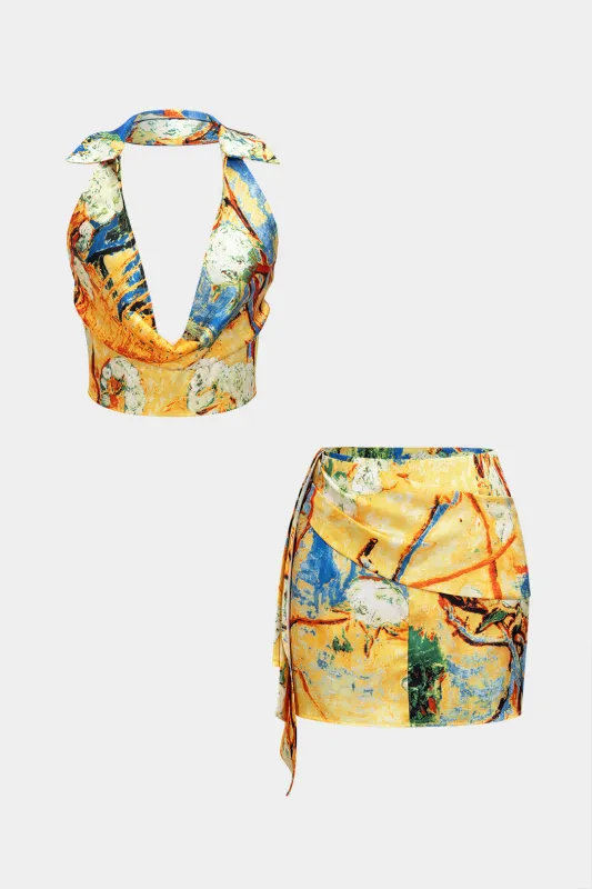 Abstract Print Satin Backless Tie Back Top And Skirt Set sold by Micas