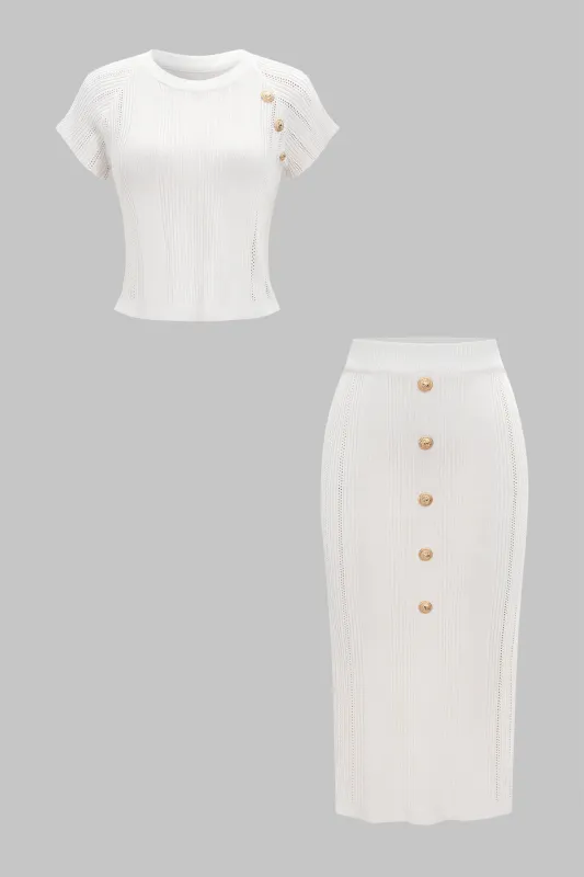 Knitted Metallic Button Top And Skirt Set sold by Micas