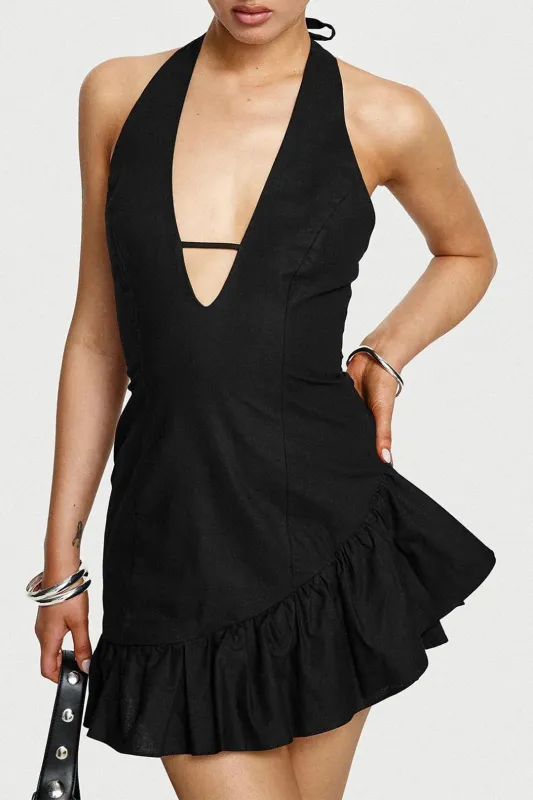 V-Neck Halter Neck Sleeveless Zipper Mini Dress sold by Micas