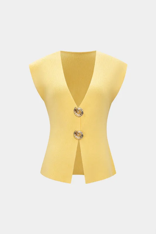 Knit V-Neck Metallic Button Tank Top sold by Micas