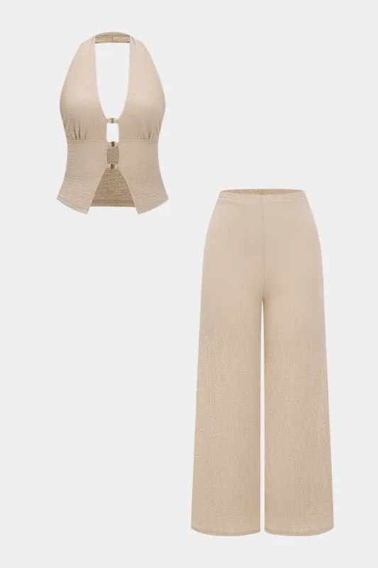 Halter Ruched Button Backless Top And Trousers Set sold by Micas