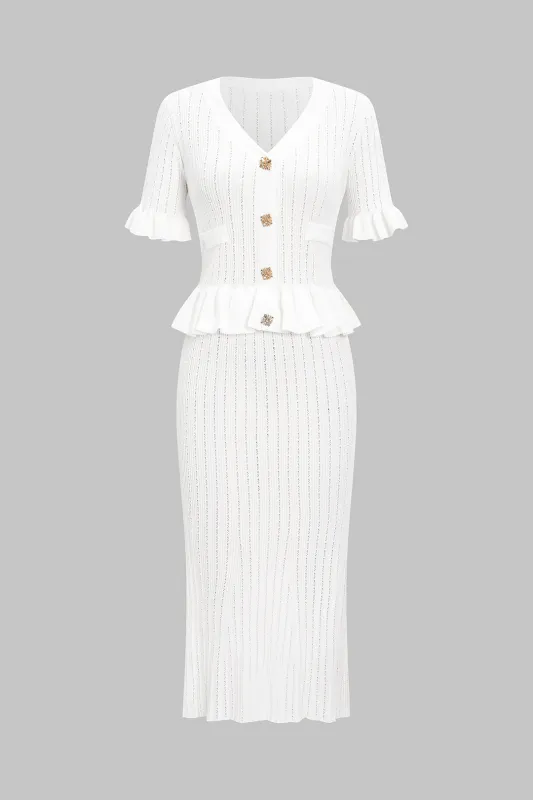 Knit V-Neck Ruffle Short Sleeve Shirt And Fish Tail Skirt Set sold by Micas