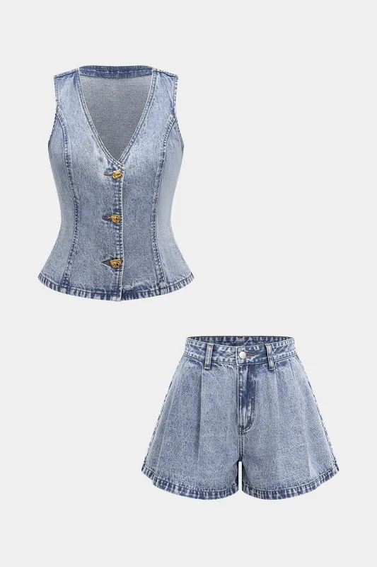 Denim V-Neck Metallic Button Sleeveless Top And Ruched Jorts Set sold by Micas