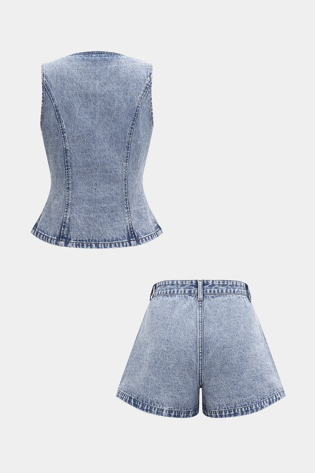 Denim V-Neck Metallic Button Sleeveless Top And Ruched Jorts Set sold by Micas product image thumbnail 2