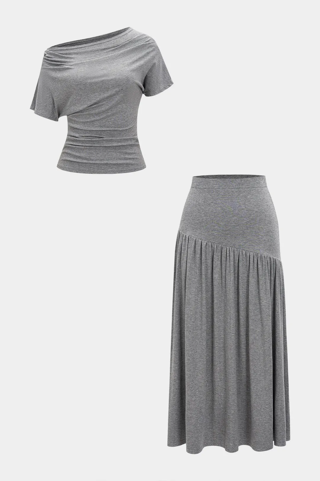 Solid Ruched T-Shirt And High Waist Skirt Set sold by Micas