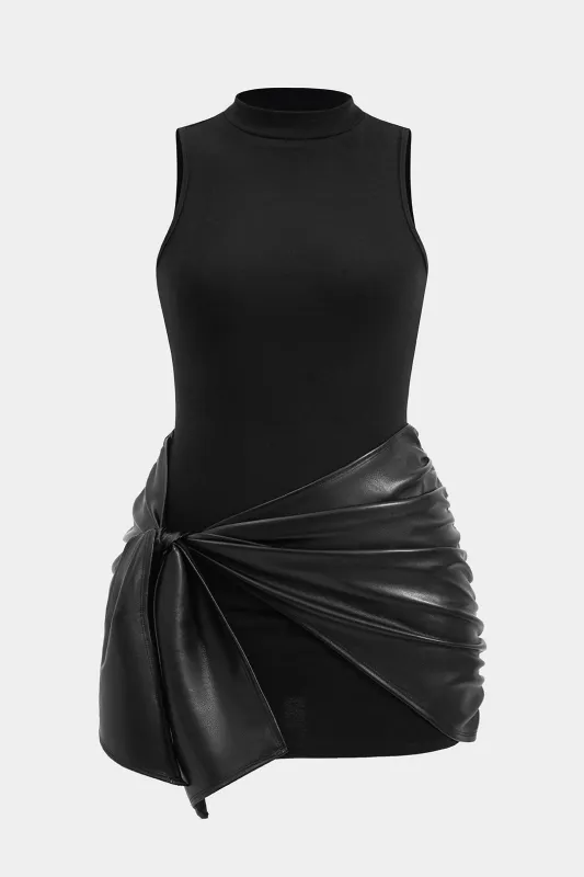Plus Size Faux Leather Patchwork Tie Front Sleeveless Mini Dress sold by Micas