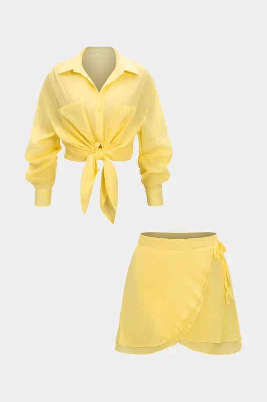 Solid Button Long-Sleeve Shirt And Tie-Up Skirt Set sold by Micas