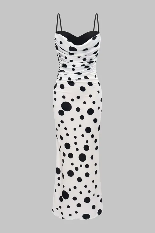 Polka Dots Print Satin Ruched Patchwork Sleeveless Maxi Dress sold by Micas