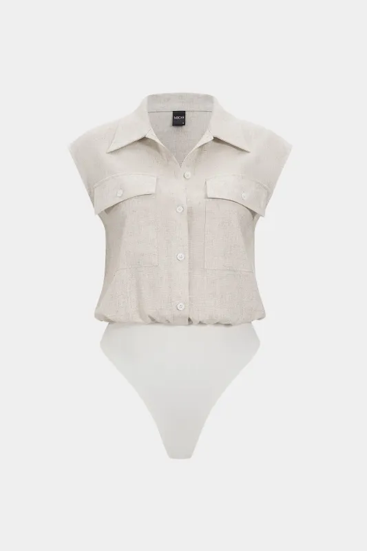 Linen Pocket Patchwork Button Short Sleeve Bodysuit sold by Micas