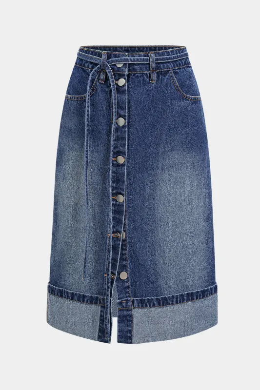 Denim Asymmetrical Button Skirt sold by Micas