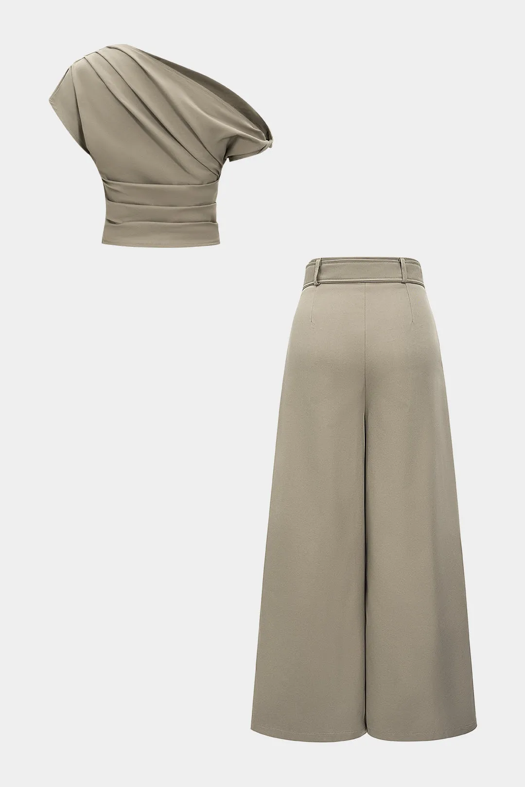 Ruched Asymmetrical Top And Belted Wide Leg Trousers Set sold by Micas product image thumbnail 2