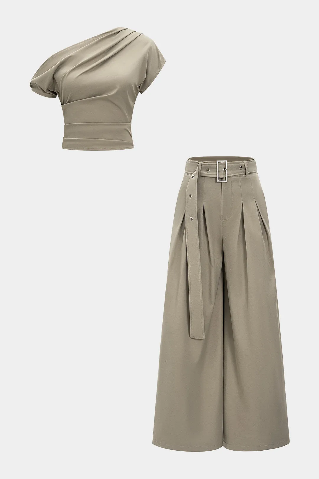 Ruched Asymmetrical Top And Belted Wide Leg Trousers Set sold by Micas