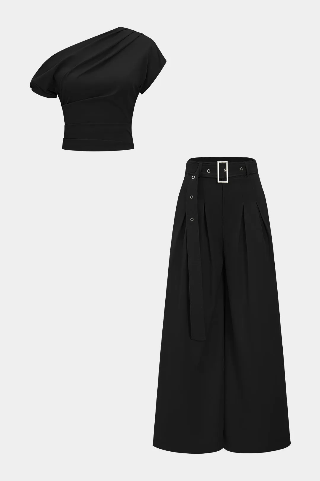 Ruched Asymmetrical Top And Belted Wide Leg Trousers Set sold by Micas product image thumbnail 5