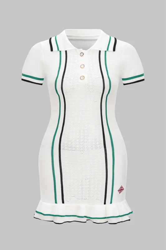 Plus Size Knit Contrast Ruffle Hem Button Short Sleeve Dress sold by Micas