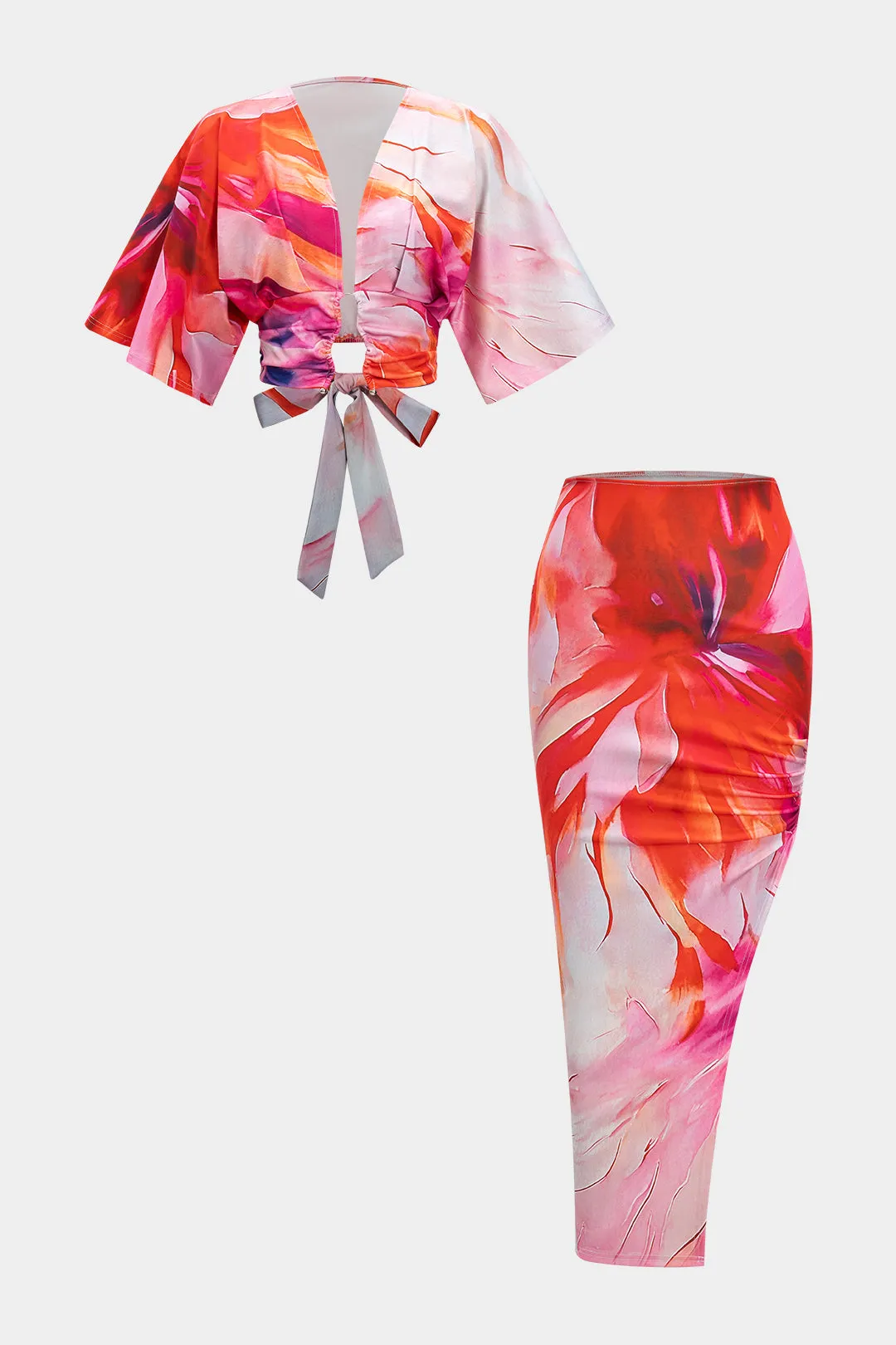 Watercolor Ombre Print Tie-Back Short Sleeve And Ruched Side Slit Skirt Set sold by Micas