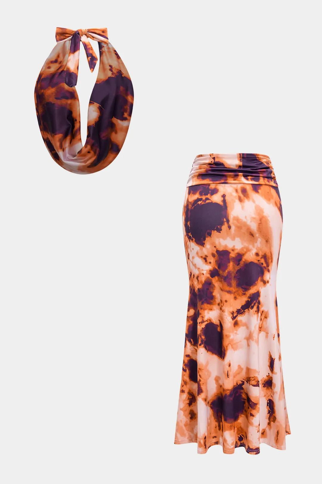 Contrast Print Tie-Back Backless Top And Ruched Skirt Set sold by Micas product image thumbnail 2