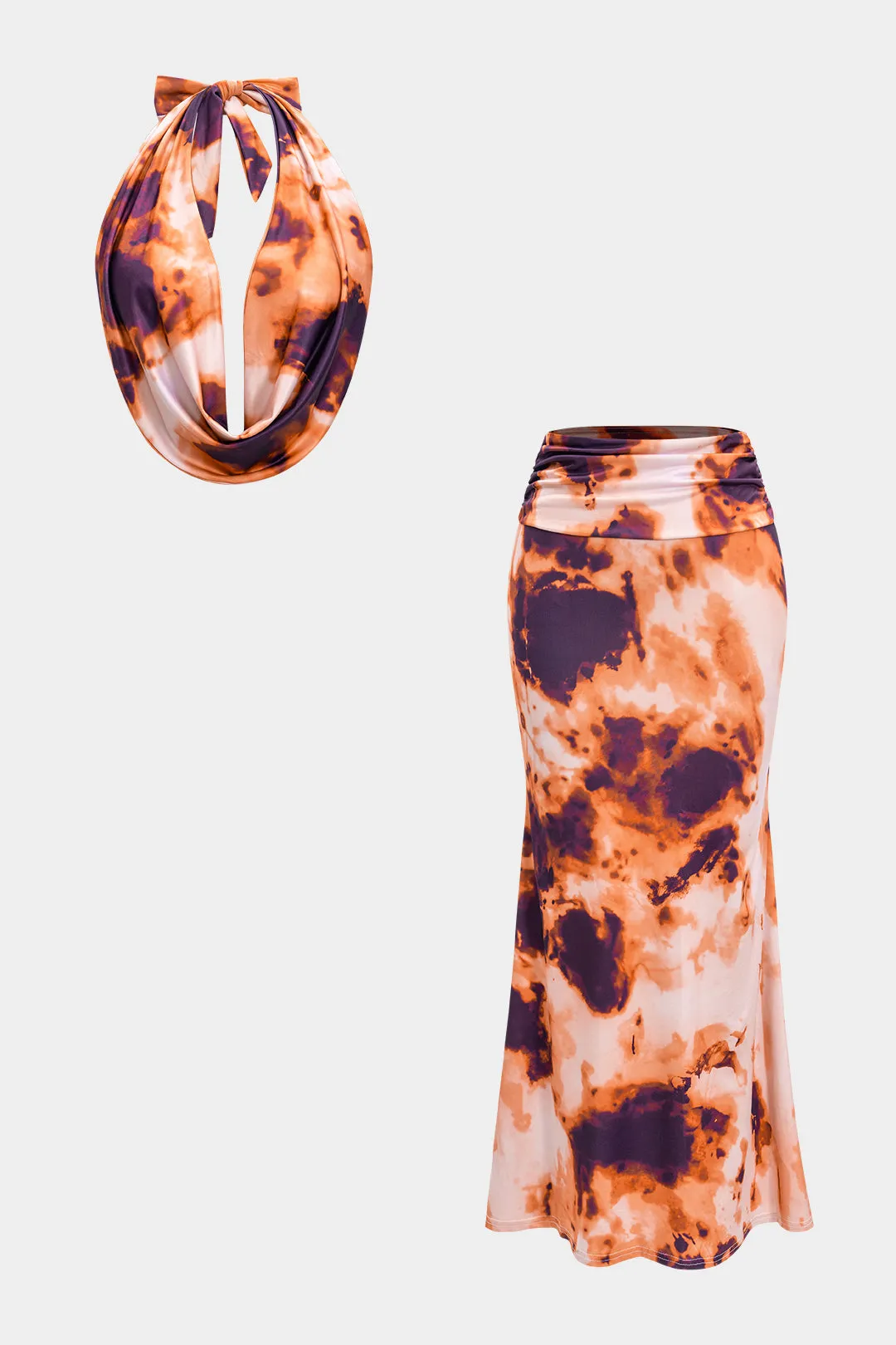 Contrast Print Tie-Back Backless Top And Ruched Skirt Set sold by Micas