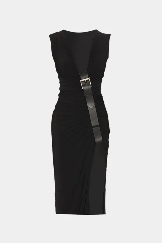 Ruched V-Neck Slit Asymmetrical Sleeveless Midi Dress sold by Micas